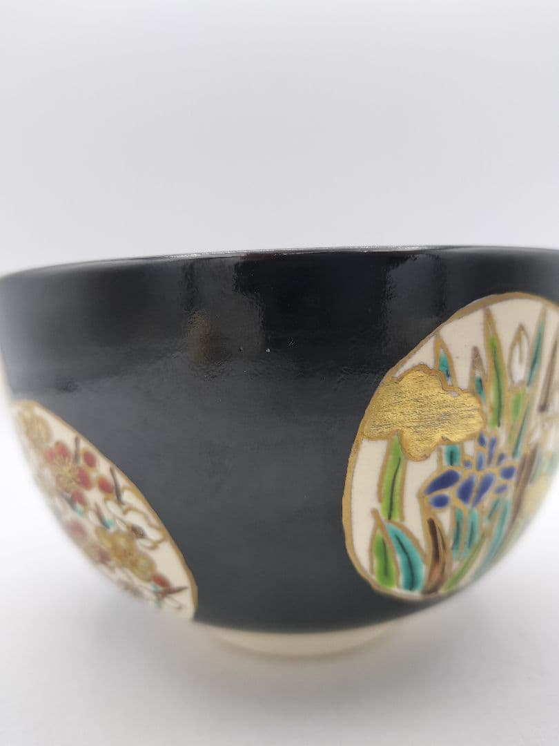 c550【新品・未使用】黒仁清 丸紋草花 加藤ひろ子 木箱 茶道具