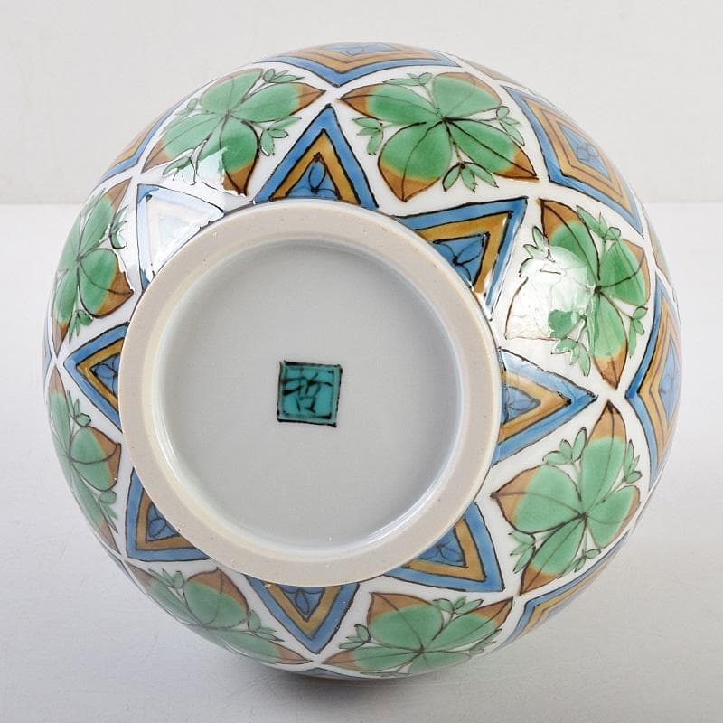 九谷焼　宮川哲爾造　色絵草花更紗文　花器　共布共箱　M　R9235B