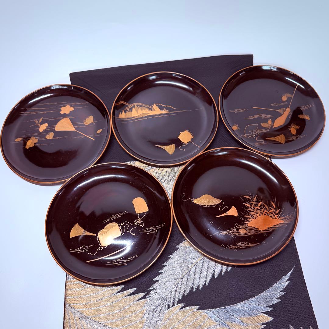 漆器輪島塗　金蒔絵金彩　沈金木製　中皿　10客　時代物