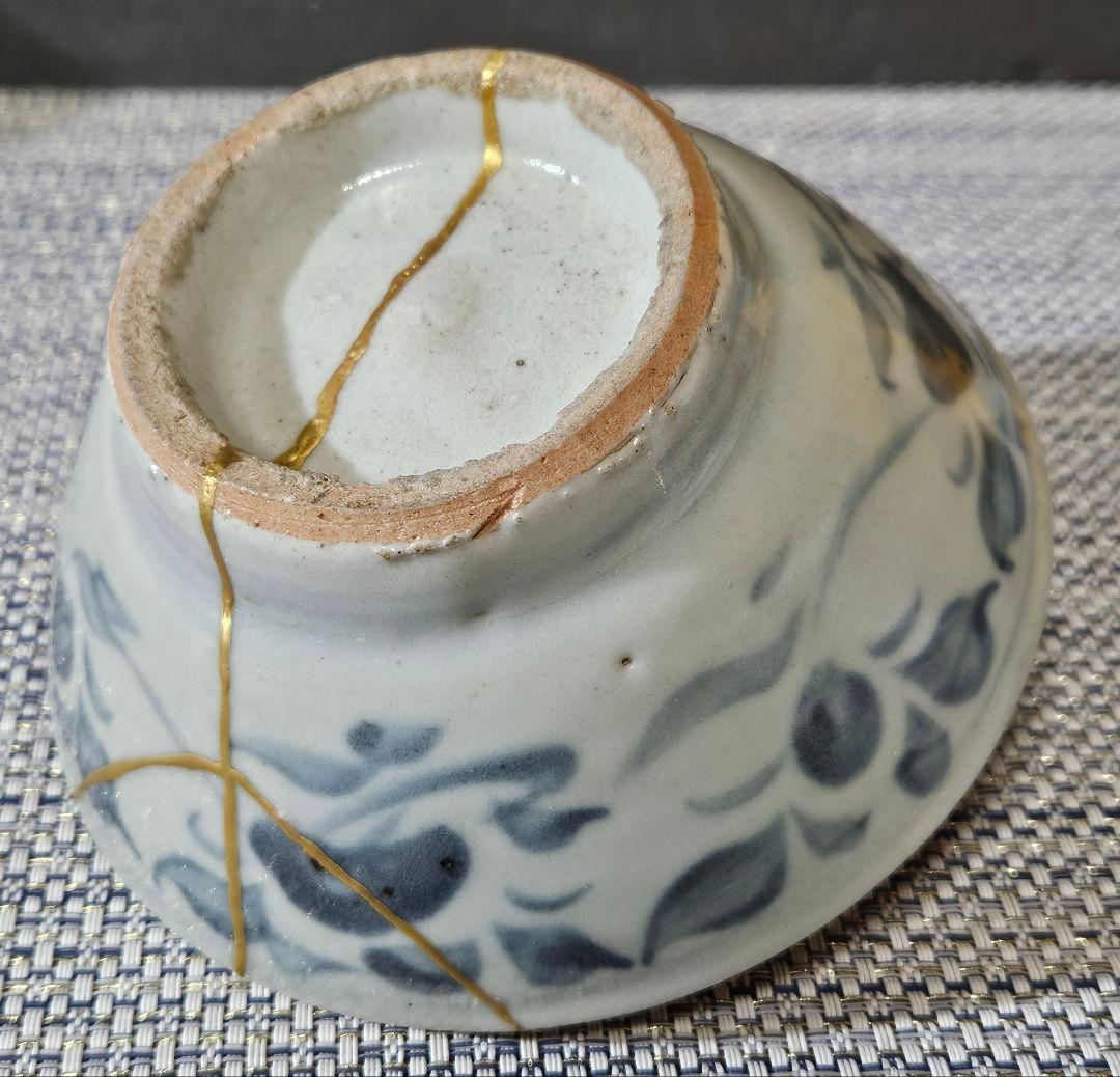 中国古陶磁器　明代 明朝　青華　古染付　 呉須　草花文様　茶碗　茶道具　茶器