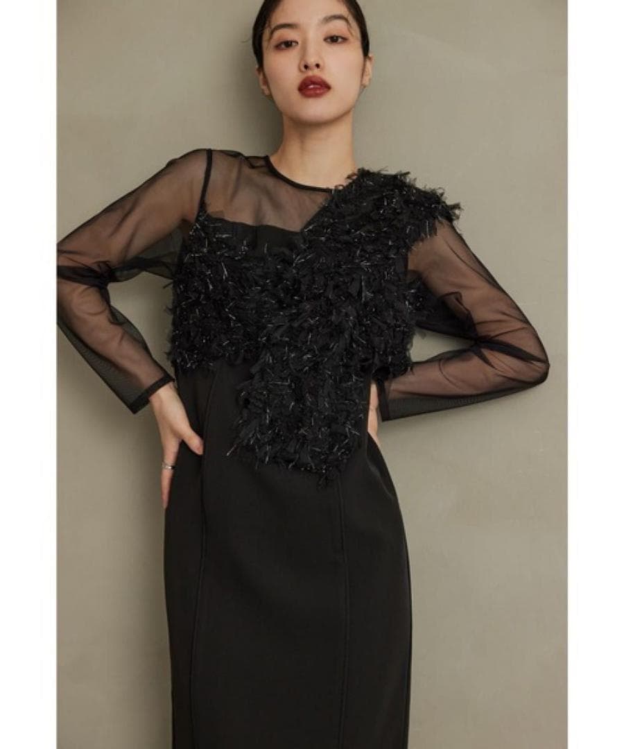 新品　ANDRESD フリンジグリッターノットドレス ブラック　ワンピース