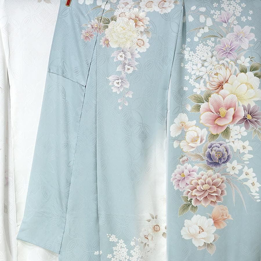 専用　ご予約　振袖　未仕立て　仮絵羽 くすみ水色　牡丹　金糸　ラメ　刺繍　成人式