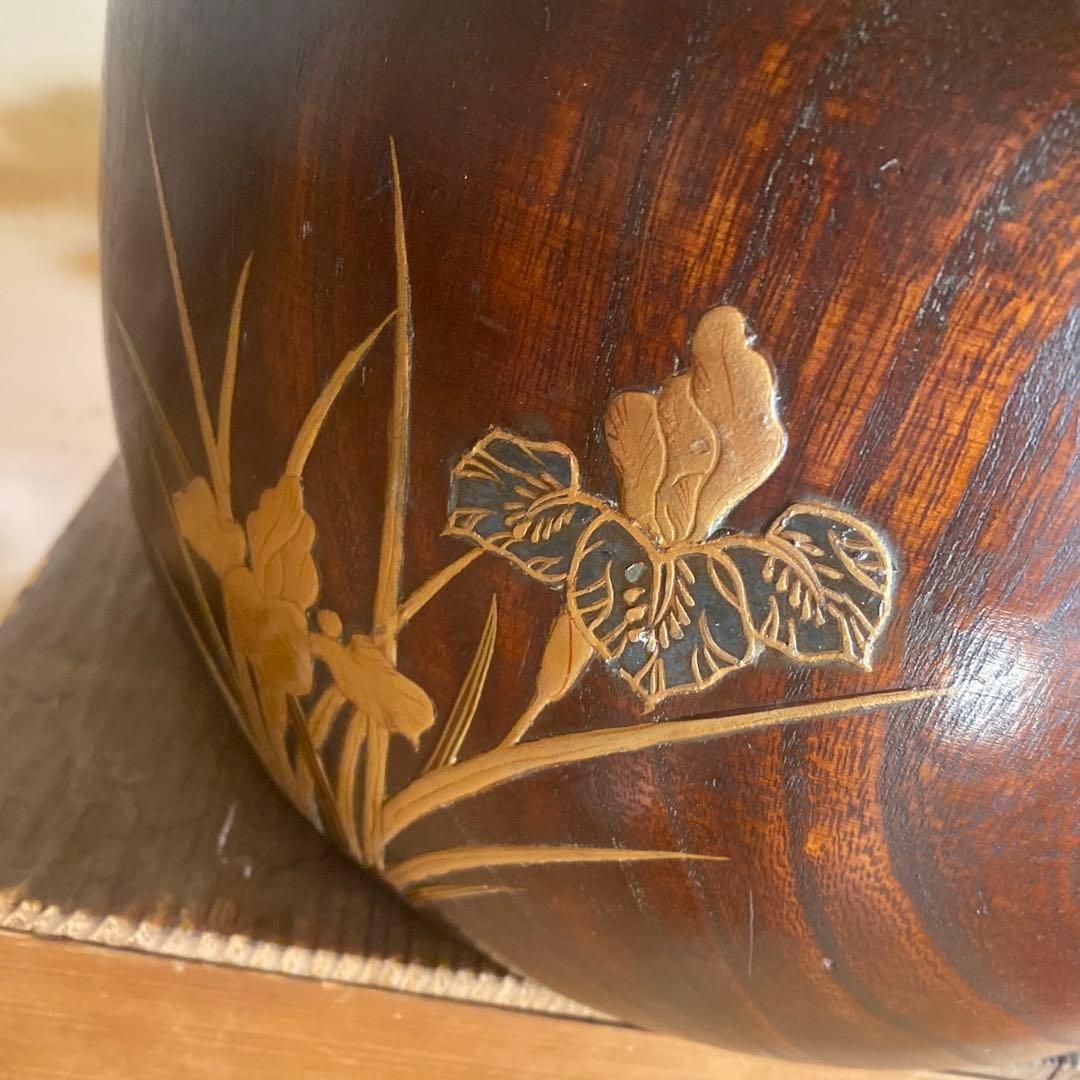 骨董　火鉢　アンティーク　あやめ蒔絵火鉢　花菖蒲　螺鈿細工　花柄　金彩　木製