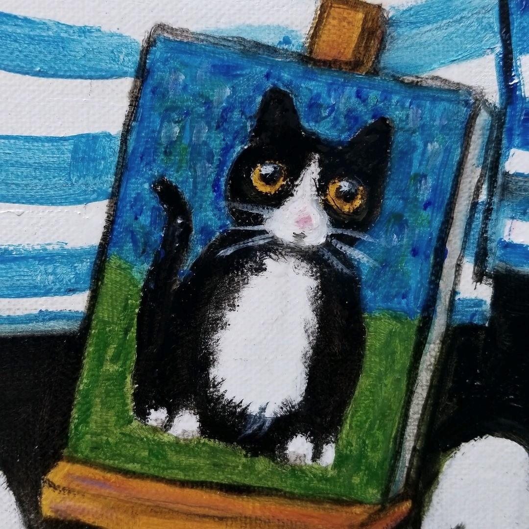 油絵 　専用　バスクシャツを着て自画像を描く猫