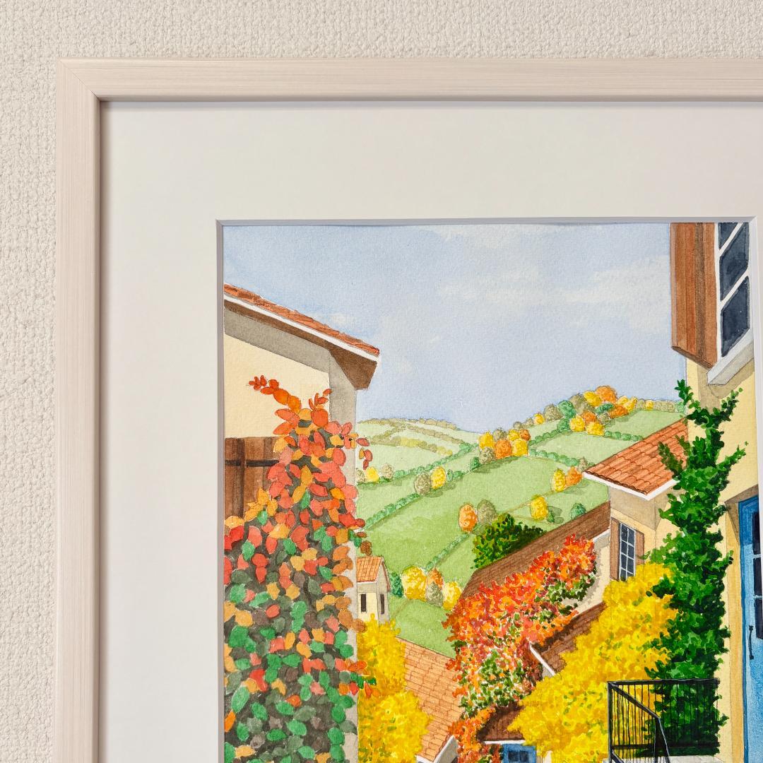 透明水彩画　原画　「オータムヴィレッジ02」額縁付き　F4サイズ　風景画