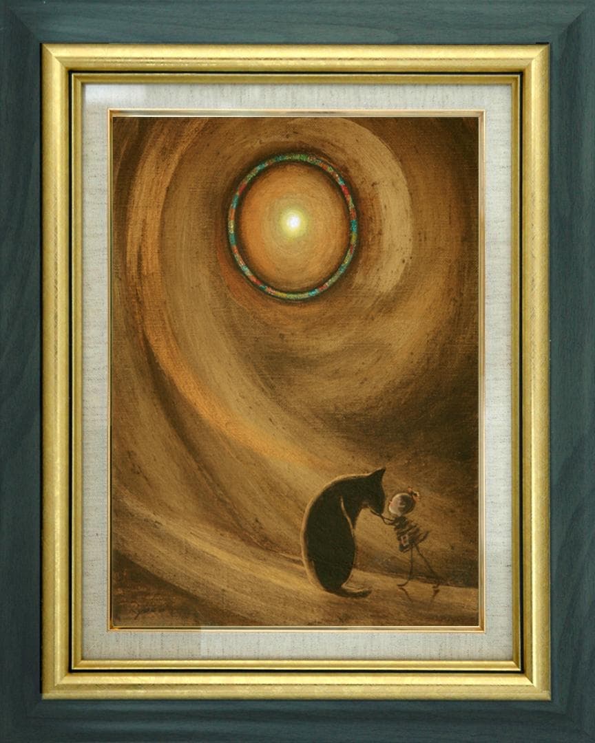 油絵 菅家令子絵 絵画インテリア額付(白) F3-072819 祈り子犬猫女の子
