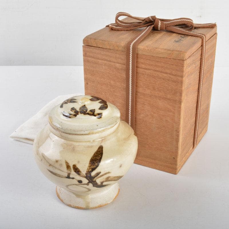 中国　宋　磁州窯　鉄絵　草文　蓋壷　時代箱付　M　R4797