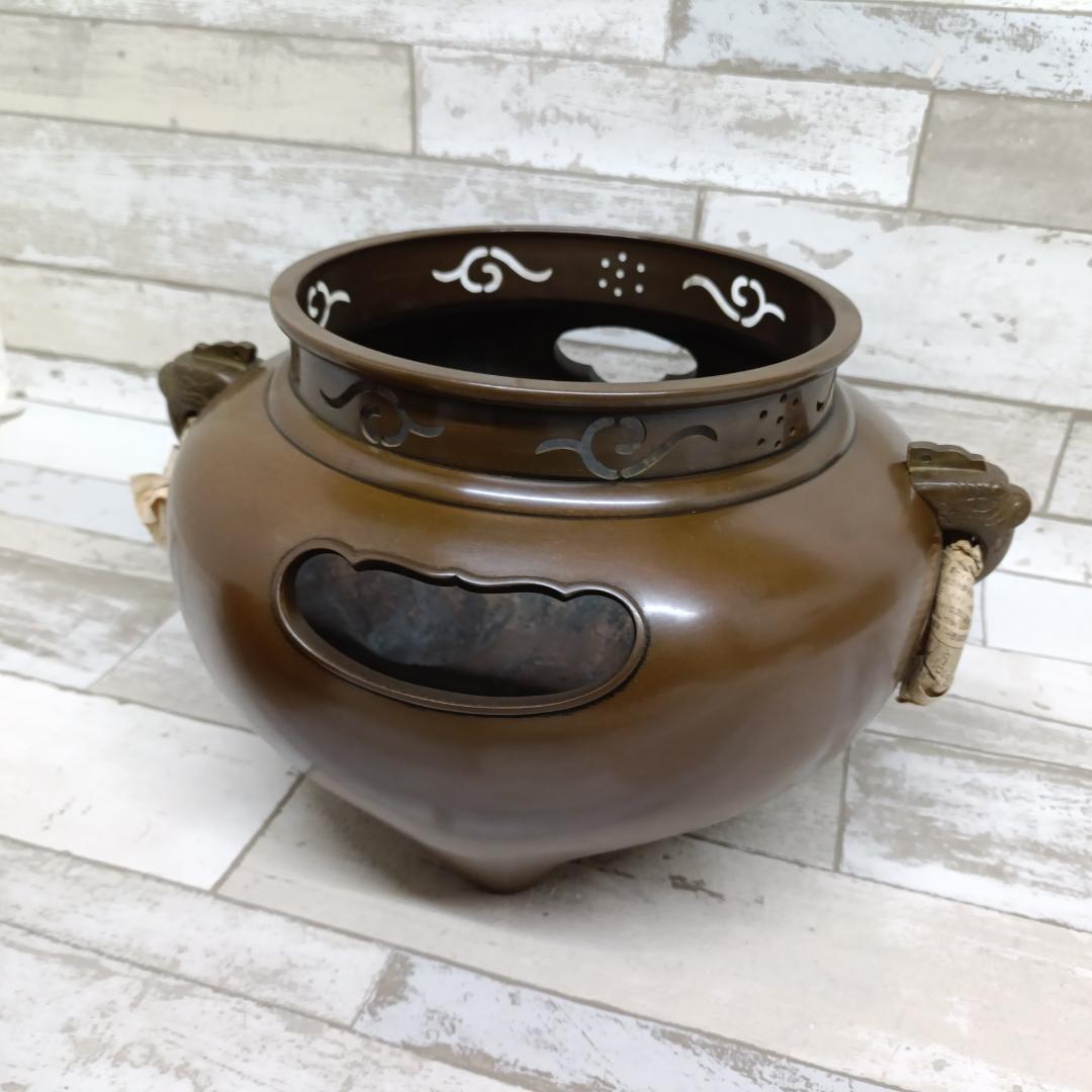 K113 茶道具 釜師 畠春斎 造 唐銅 鬼面風炉釜 茶釜 共箱 蓋物 三足