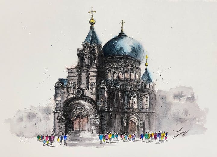 水彩画 原画 ハギアソフィア大聖堂（ハルビン）