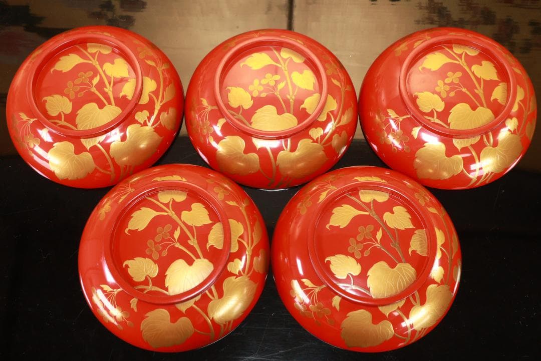 nori、時代漆器　輪島塗　草花金蒔絵　吸物椀　五客　木製 BJ128