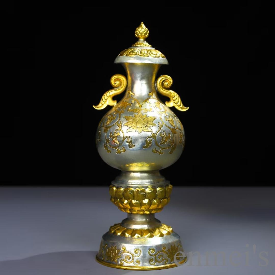 中国古美術 鍍金銅瓶 手彫り 鏨刻 描金 純銅製 花器 床の間飾り古賞物 古擺件