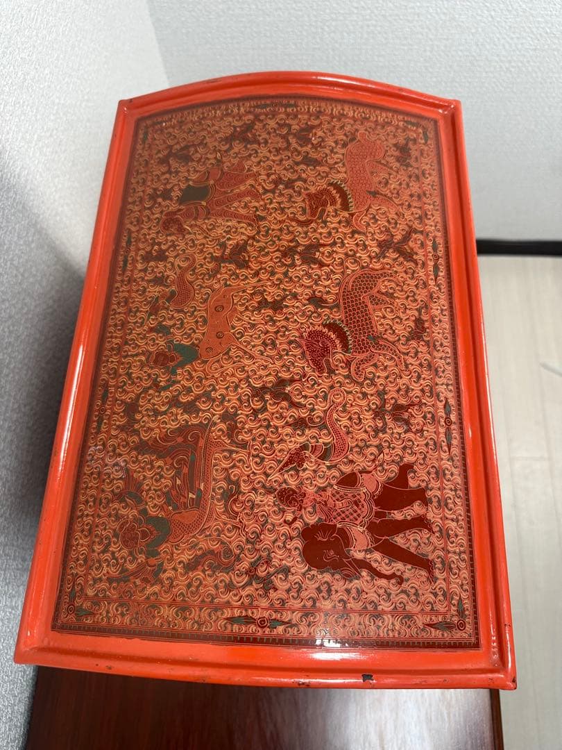 ミャンマー アンティーク 漆器 蒟醤 キンマ 細密画 入れ子 収納箱※31※