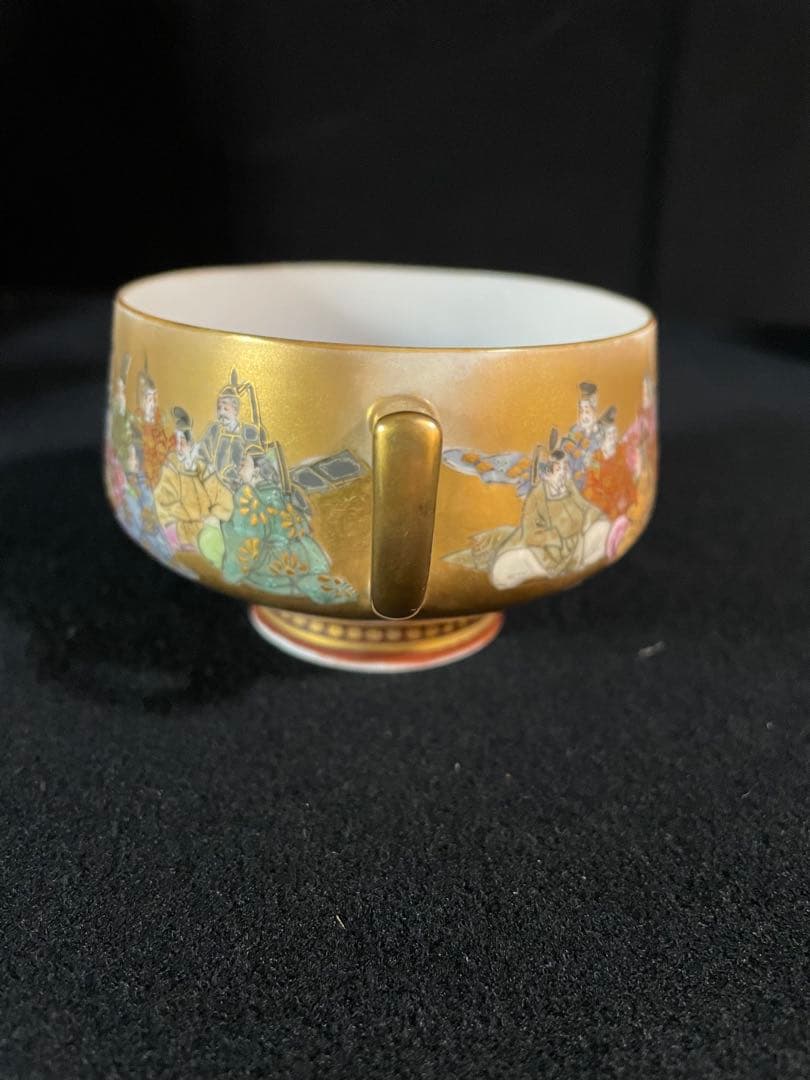 ②九谷焼コーヒーカップ　明治時代輸出品　手書き三十六歌仙　細密画　金彩　金蘭手