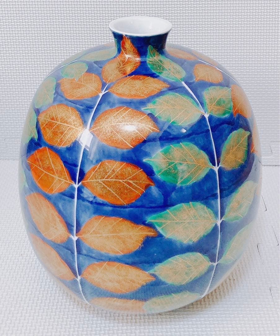 【希少 未使用】藤井錦彩 有田焼 染錦金彩木の葉絵花瓶 限定作品 24.5cm