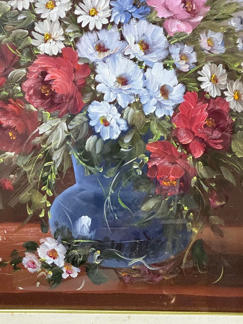 最終価格　真作絵画　リナ・ロッシ フラワーア-ト油彩 肉筆 美術品 薔薇コスモス