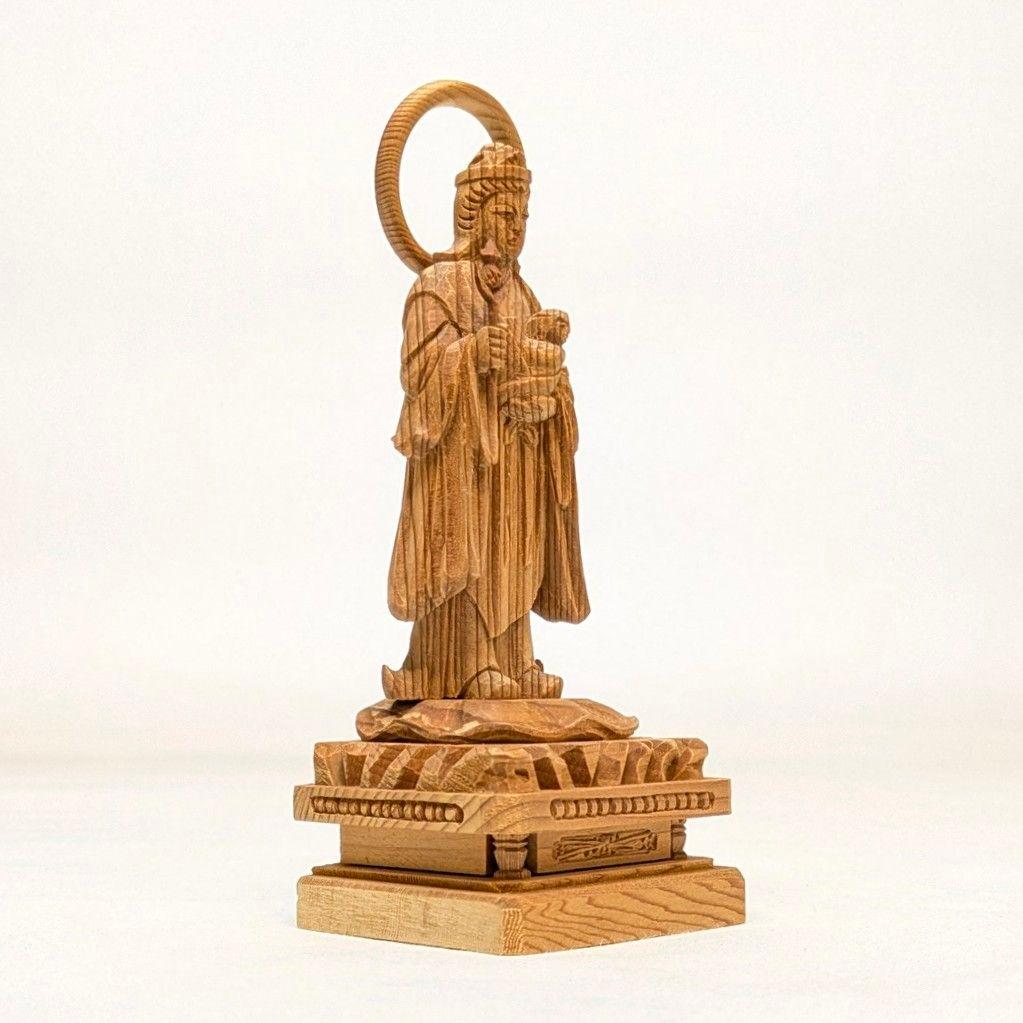 【フォロー割・新品】 子安鬼子母神　木地彫り　下台付　高さ約13cm　鬼子母神