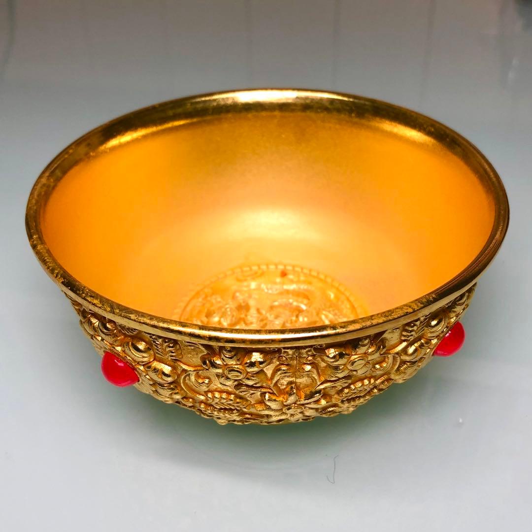 古美術　金わん　 龍鳳彫刻　清国 茶碗　吉祥花紋 流金鎮座 縁起物インテリア