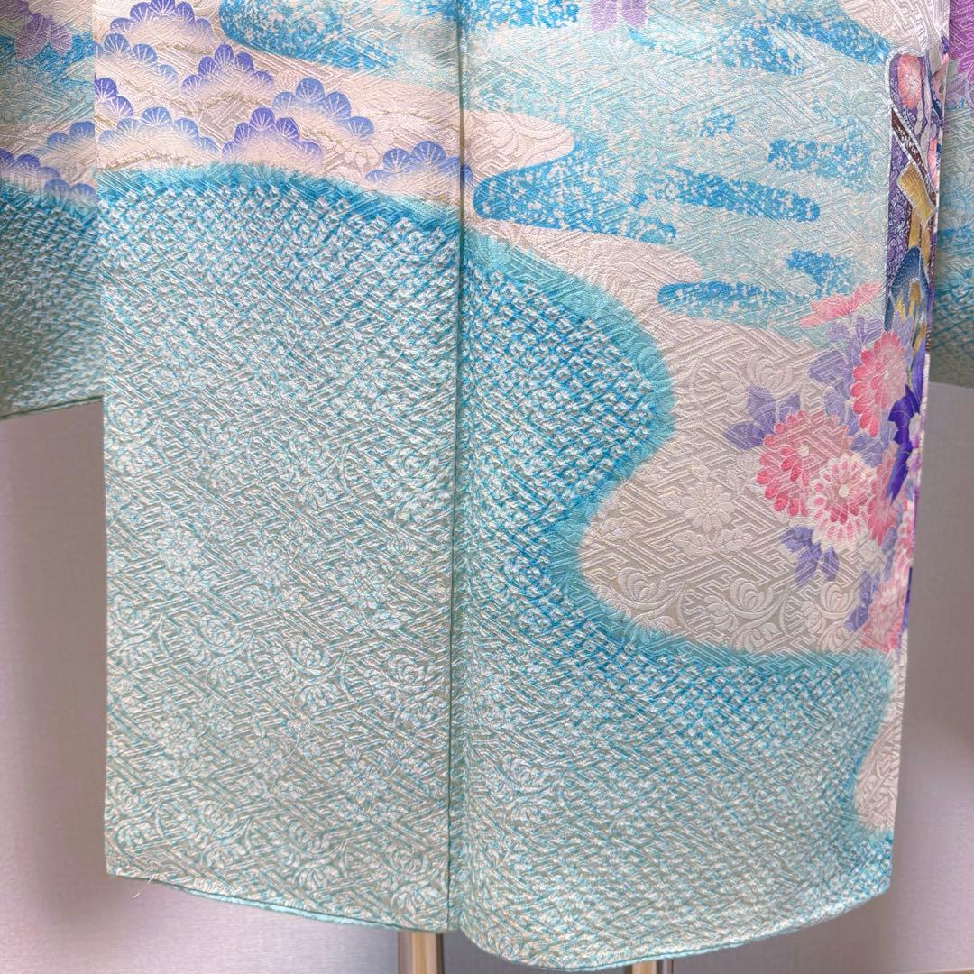 4 振袖フルセット 正絹 難あり 水色 紫 ピンク 銀彩 絞り 小柄さん レトロ