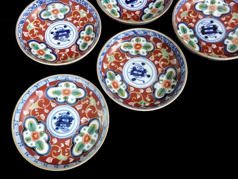 大聖寺伊万里　色絵　窓絵　菊に唐草の図　４寸皿　５客　A136A-CBe