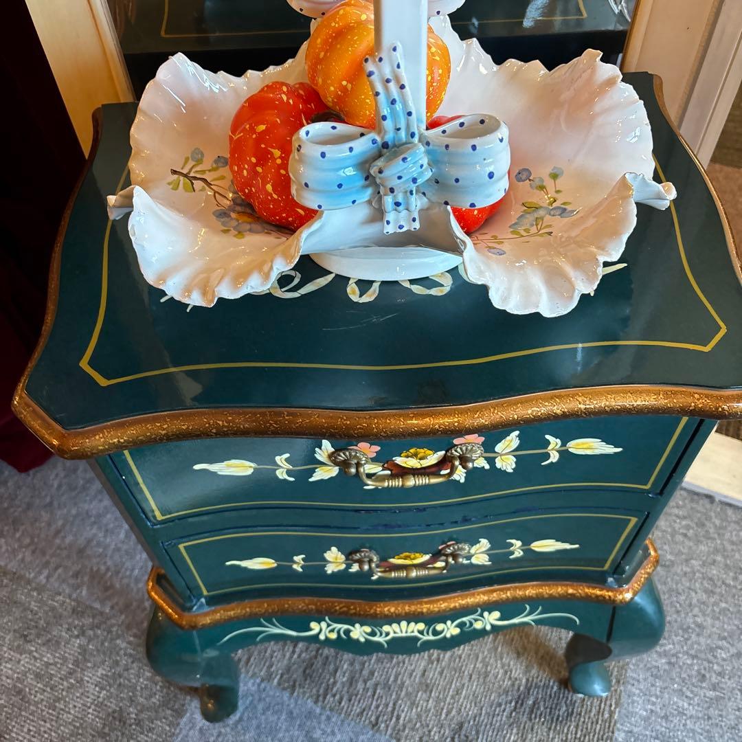 ロココ調チェスト ダークグリーン 2段引き出し　時計付き