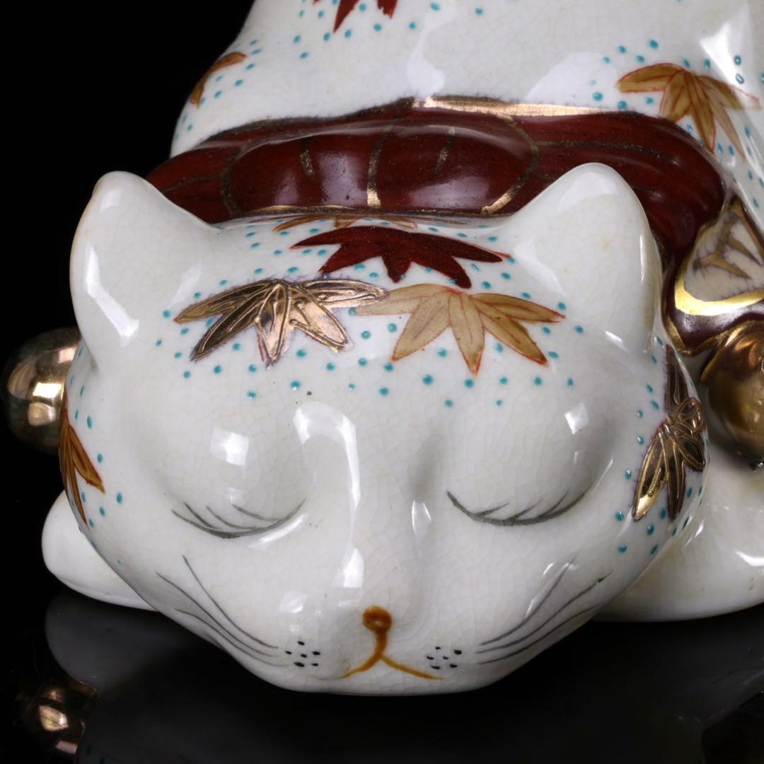 h*a様 【希少・美品】九谷焼 招き猫 眠り猫 金彩色絵 紅葉文 縁起物 骨董品
