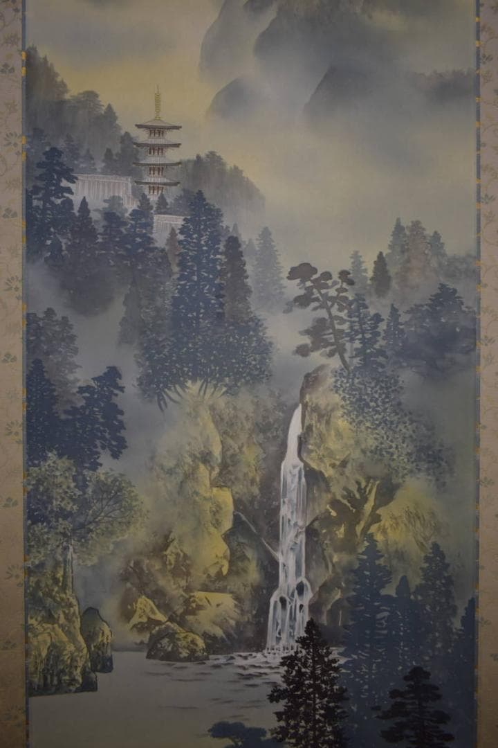 真作/善次郎/青緑山水図/塔山水図/桐共太巻二重箱付/布袋屋掛軸HI-934