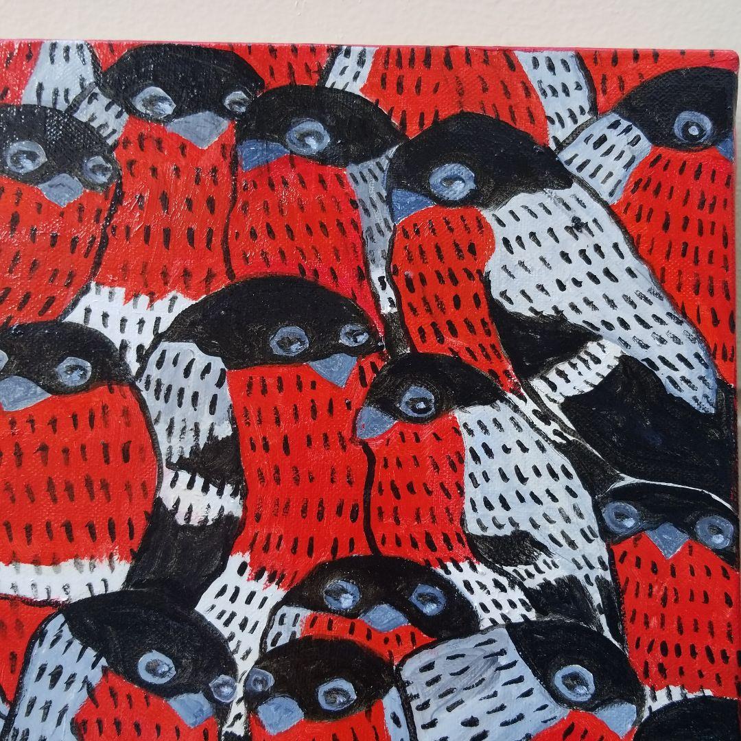 油絵　あらんぼん　仲良く集まるくちばしの小さな鳥たち　密は楽し