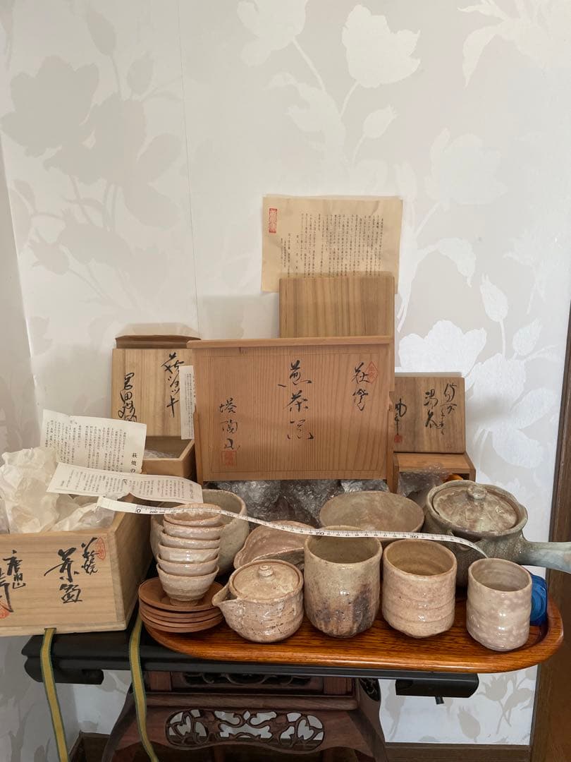 未使用　萩焼　茶道具セット 20点 陶器・木製茶托　 おぼん　トレイ　まとめ売り
