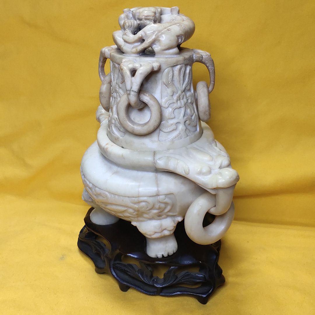 玉石彫刻 遊環香炉 木彫り台 共箱 石細工 アンティーク 旧家蔵出 風水グッズ