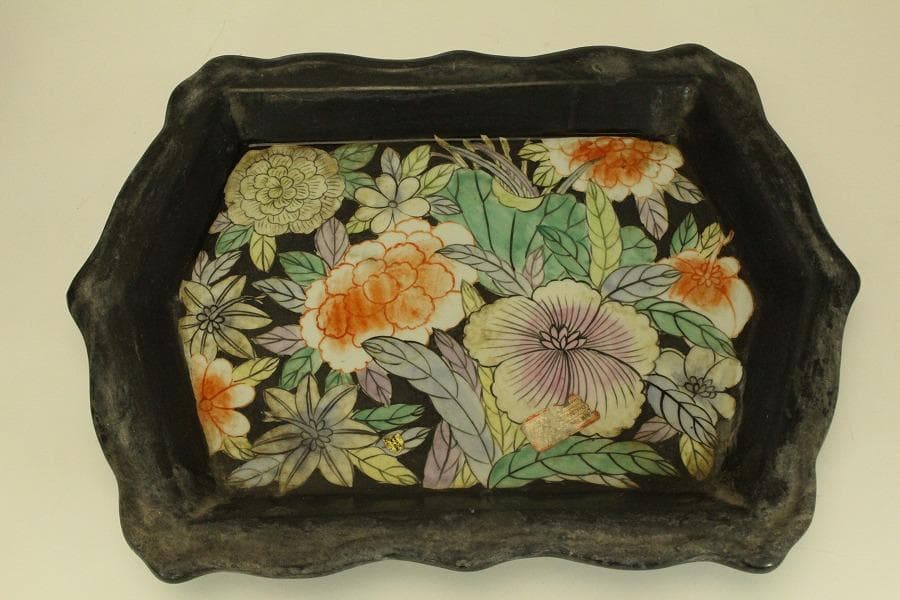 中国美術 色絵 花模様 植木鉢 花盆(ZE494)