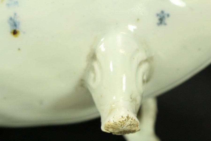 青花 葉形 三足 筆洗 匙付(A887)