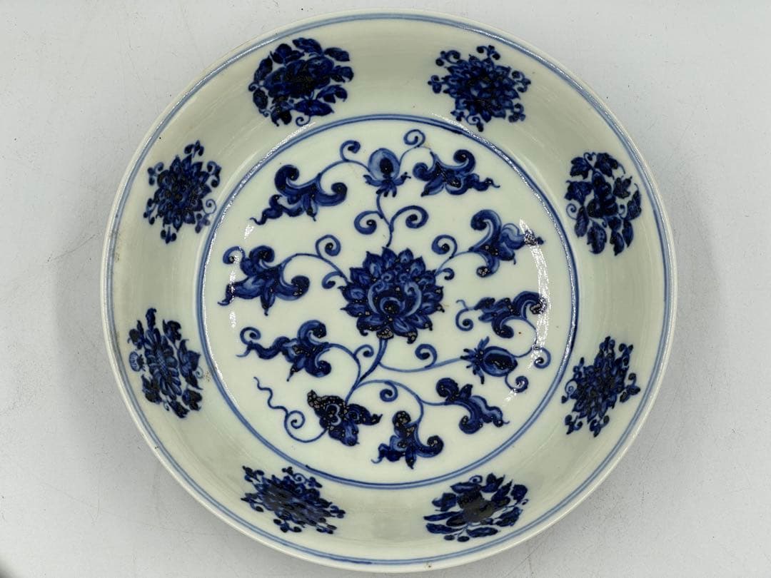 明宣德青花中皿 染付皿 大明宣德年製 中国美術 長 18cm