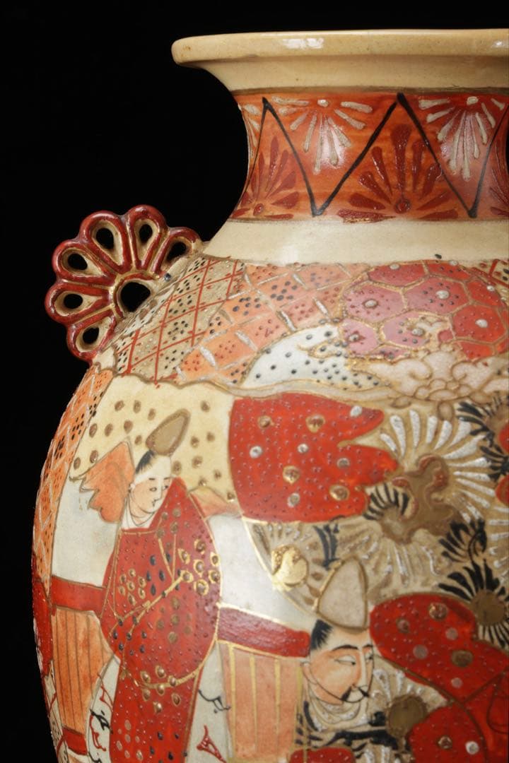 九谷焼 古九谷 赤絵金彩人物図双耳花瓶 飾壺 29㎝ 共箱 時代 古美術 骨董品
