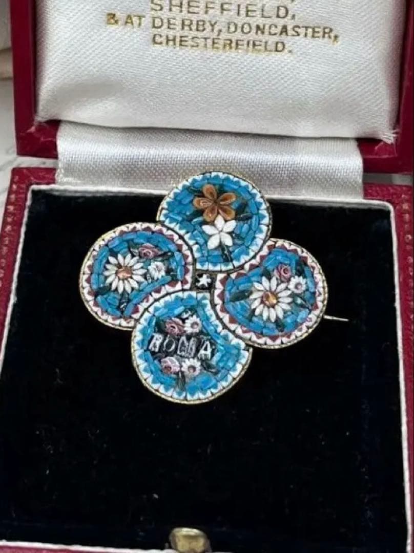 まりちゃんイタリアヴィンテージ マイクロモザイクブローチROMA文字ブルー