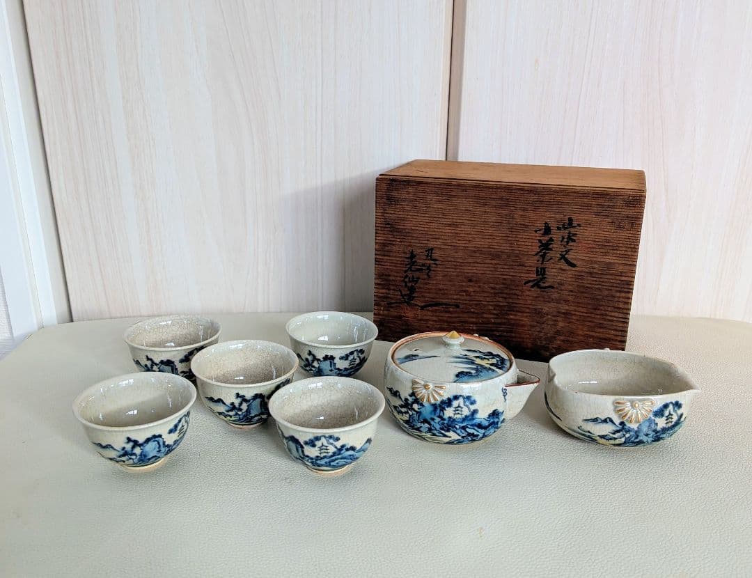 煎茶道具　九谷焼「光仙造」山水文　煎茶碗・宝瓶・湯冷まし　共箱