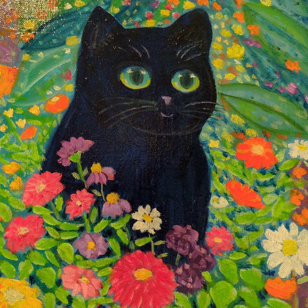 キャンバス油絵　専用   黒猫ガーデン　クリムト風フラワーガーデン