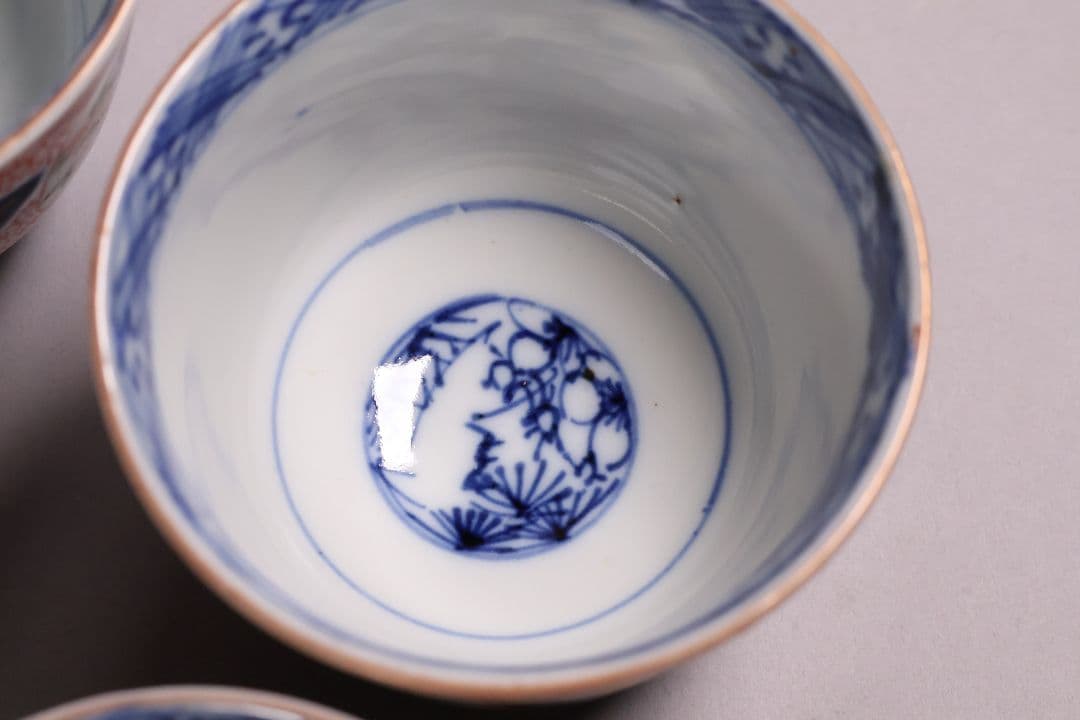 【CM125】古伊万里 扇面 色絵向付 五客 猪口 小鉢 扇面 草花 唐草 錦