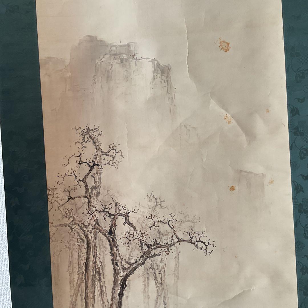 風景画 絹本 作者 題目不詳 軸先漆木細工軸