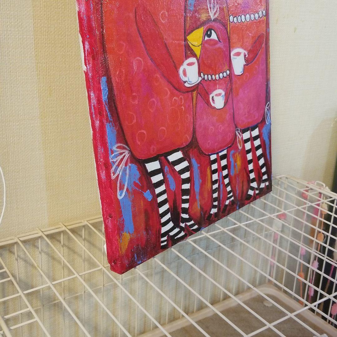 油絵　ロンロンロン　鳥の家族のティータイム