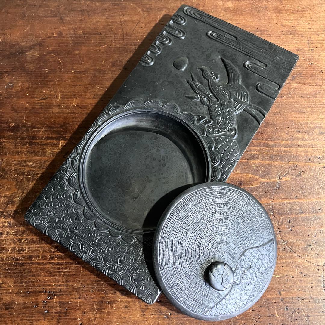 手彫り龍硯 蓋付き　硯　高級書道具　骨董品