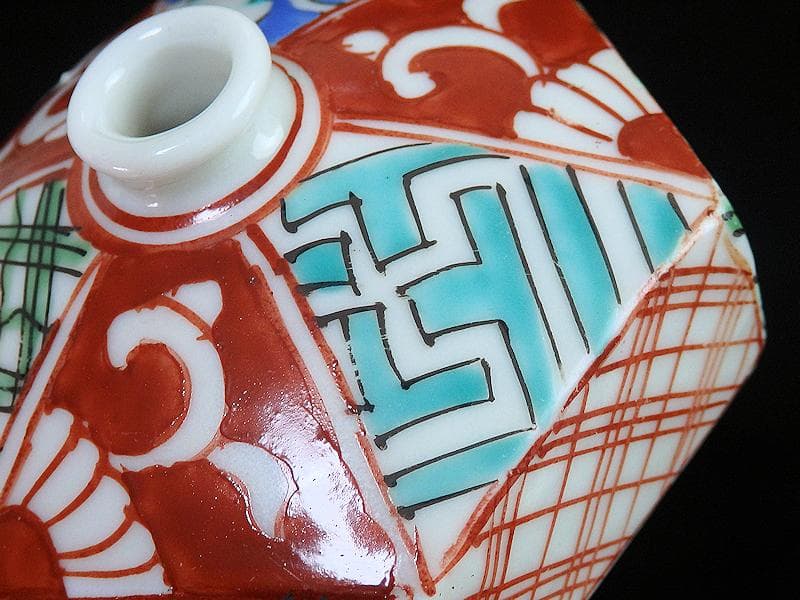 伊万里　瀬戸　色絵　幾何学紋の図　油壷　E421A-fbkn