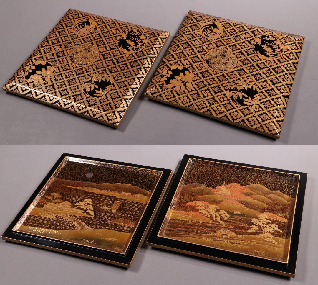 MA322 時代木製漆器 総蒔絵総梨地 花七宝 花の丸蒔絵 五段重 山水 二枚蓋