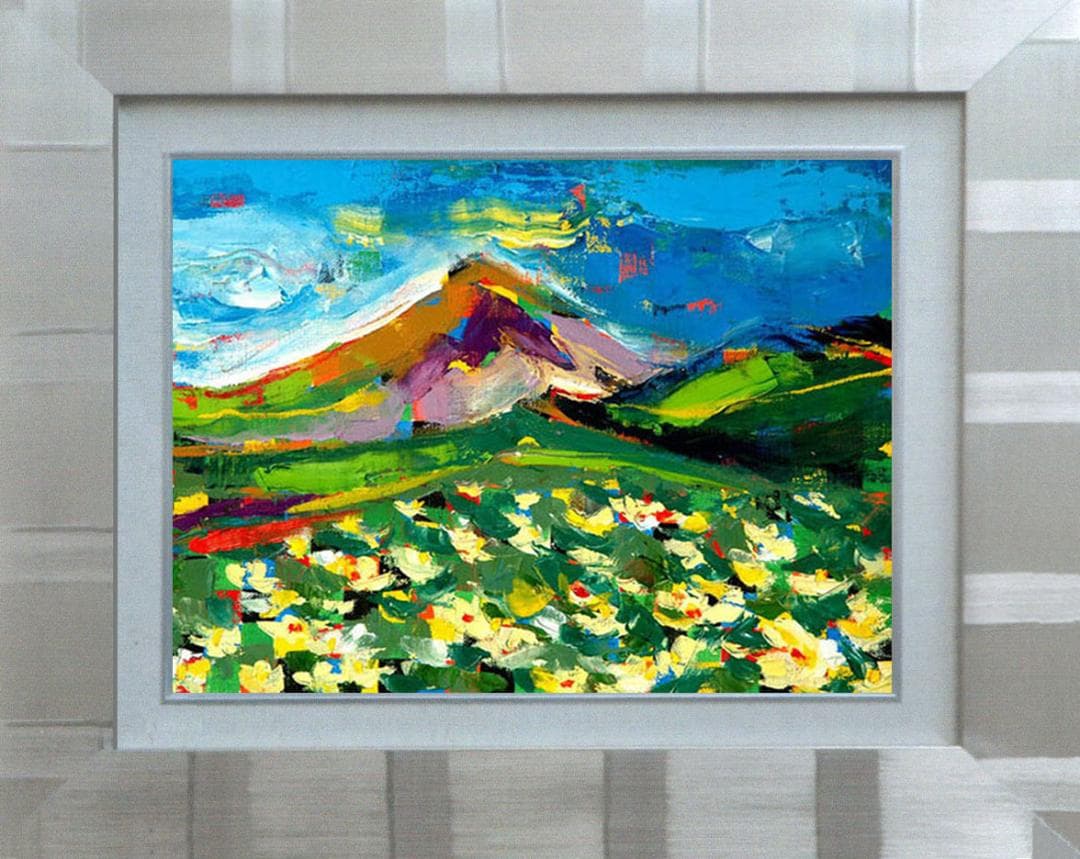 油絵 菅家令子 絵画インテリア額付(青緑＋金色の枠) F4-081011風景高原