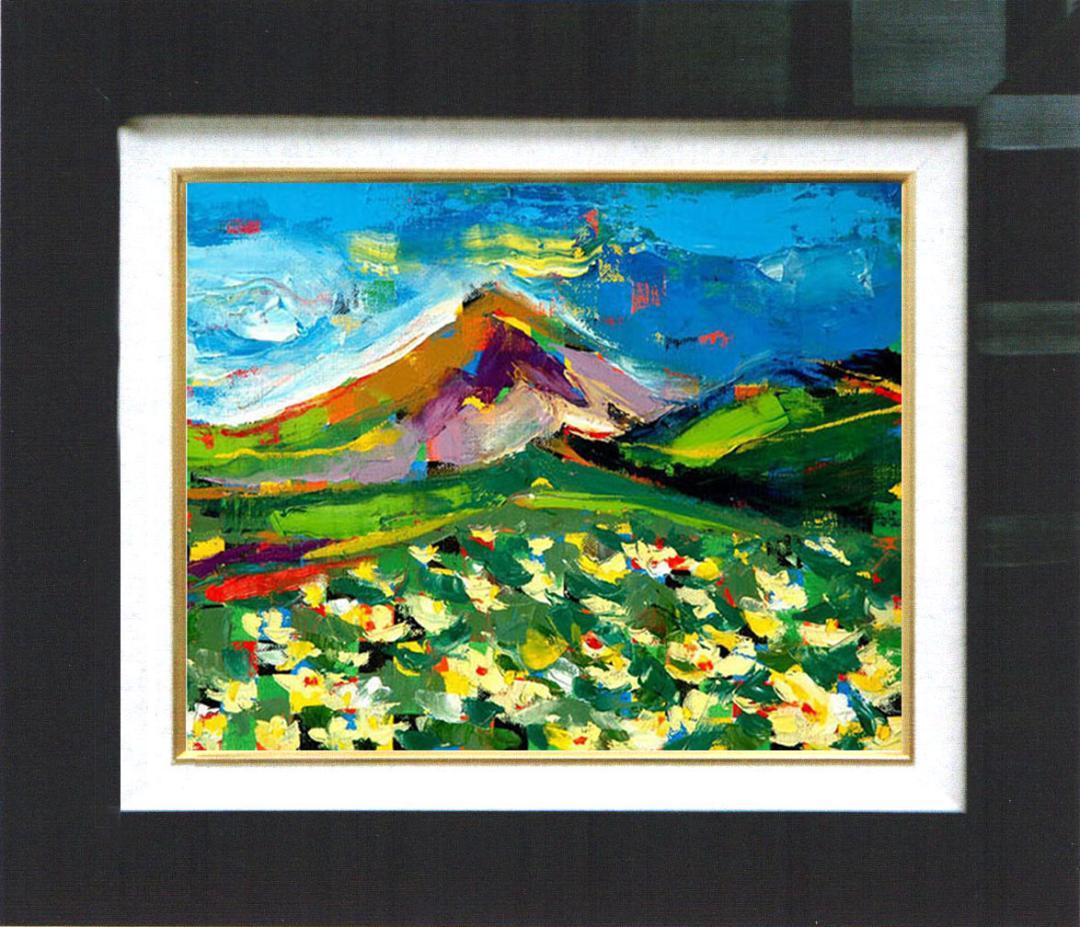 油絵 菅家令子 絵画インテリア額付(青緑＋金色の枠) F4-081011風景高原