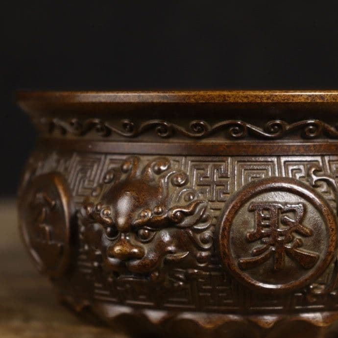 銅器 蘇工 獅耳聚宝盆 香炉 聚財預金壺 工芸品 美術品 置物