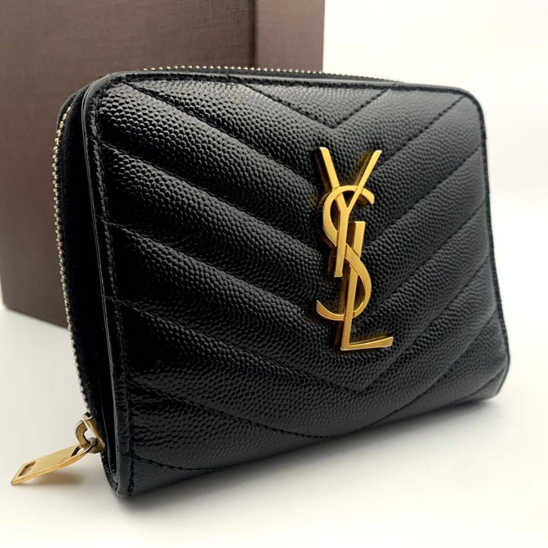 鑑定済み 美品 サンローラン 財布 カサンドラ YSL 二つ折り コンパクト 黒