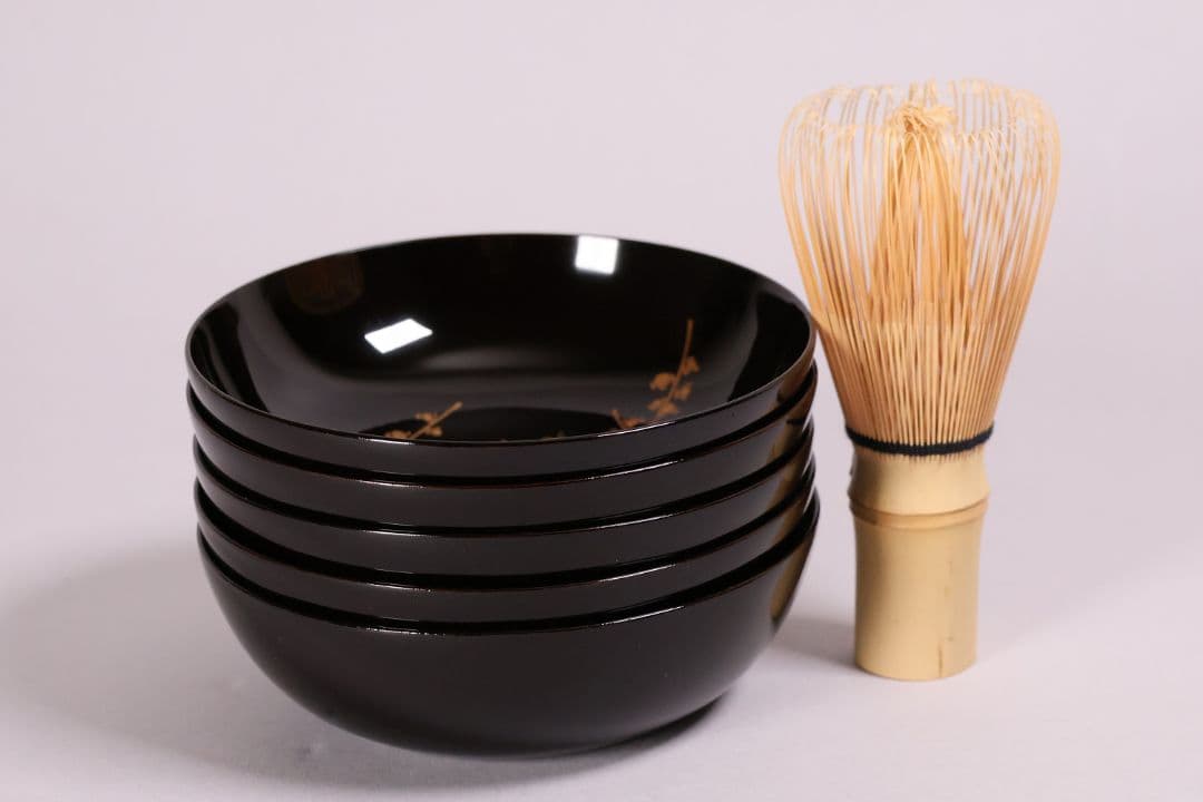 【CM232】古い木皿 五客 梅 金蒔絵 黒塗 小皿 菓子皿 木製漆器 大正昭和