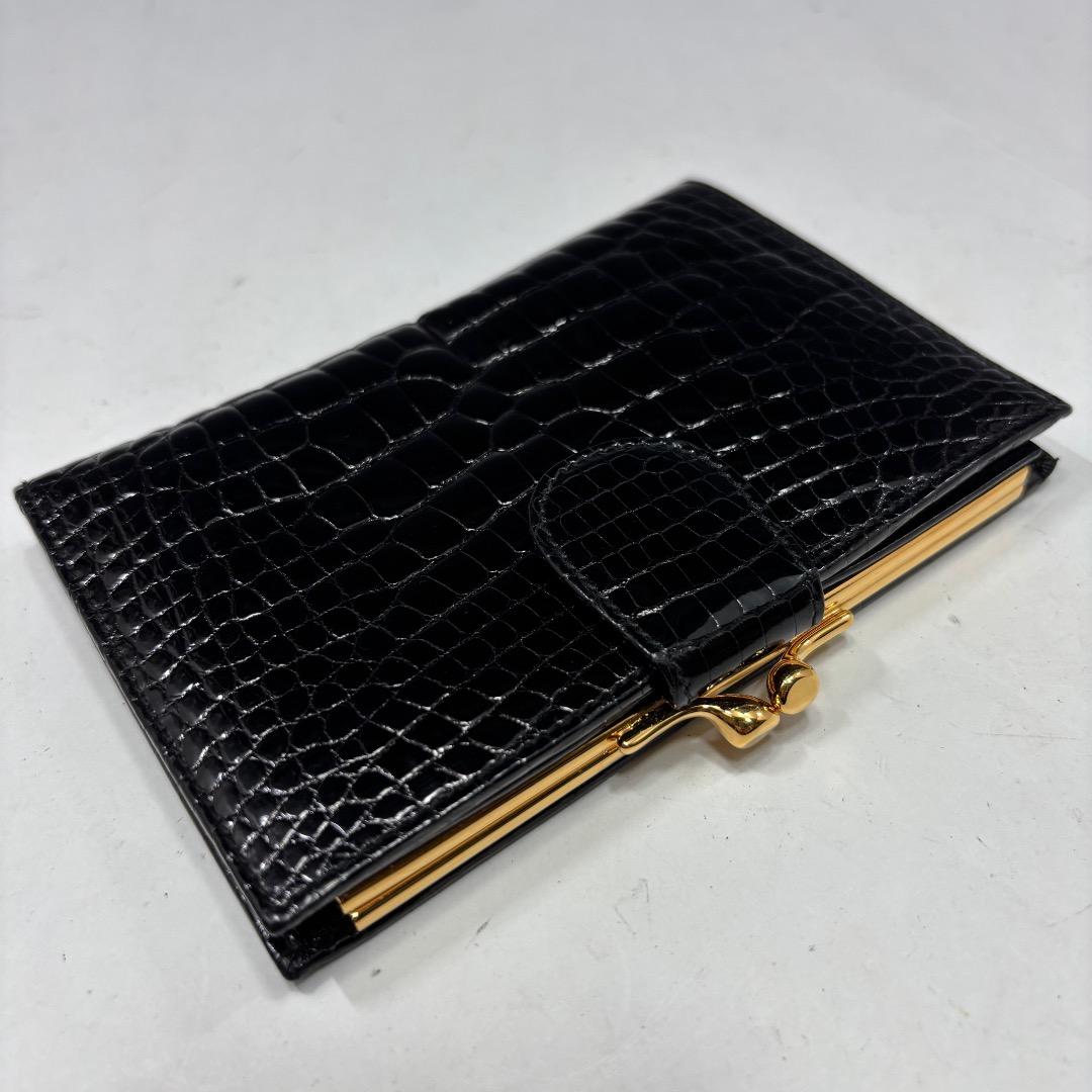 美品【グッチ本物】2つ折り財布/クロコダイル本革/レザー/ブラック/がま口
