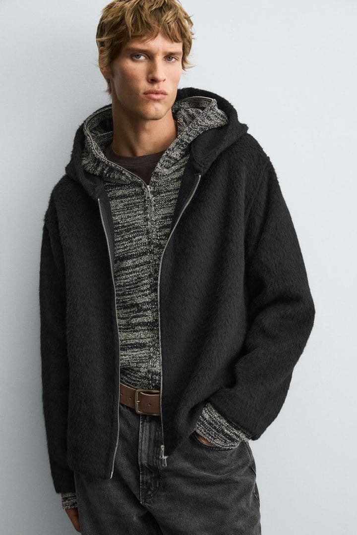 【ZARA】／アワレガ酷似／フェイクファーシャツジャケット フード付き L