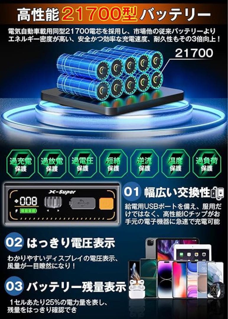 2025革新設計 超高出力 ファンバッテリーセット 5V-42V 38段階微調整